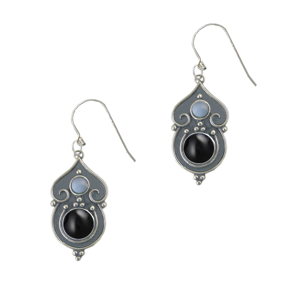 Sterling Silver Gothic Inspired Drop Dangle Earrings With Black Onyx And Grey Moonstone